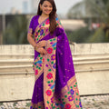 Purple Silk Saree with Multicolor Floral Peacock Motif Woven Border