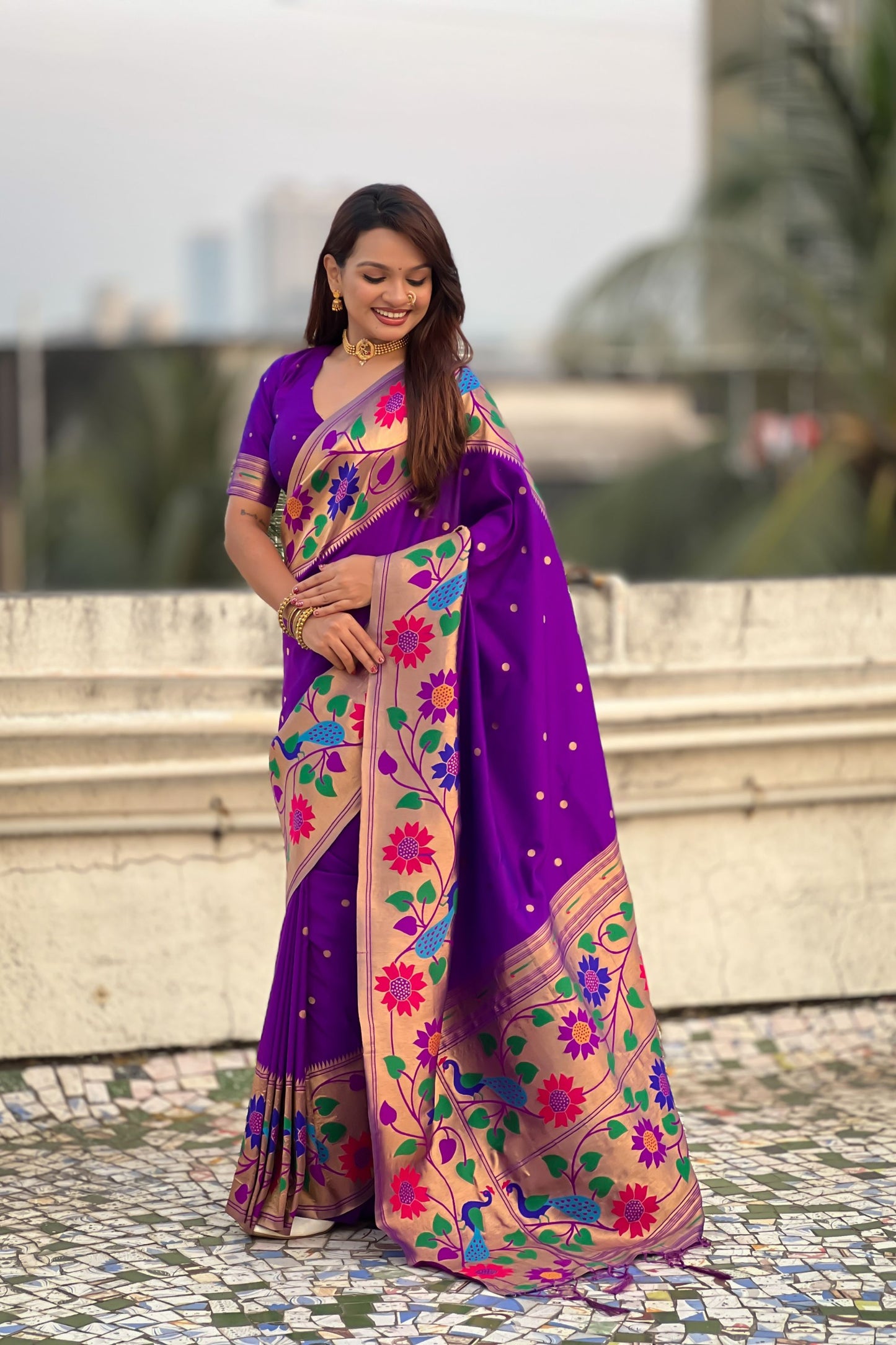 Purple Silk Saree with Multicolor Floral Peacock Motif Woven Border