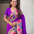 Purple Silk Saree with Multicolor Floral Peacock Motif Woven Border