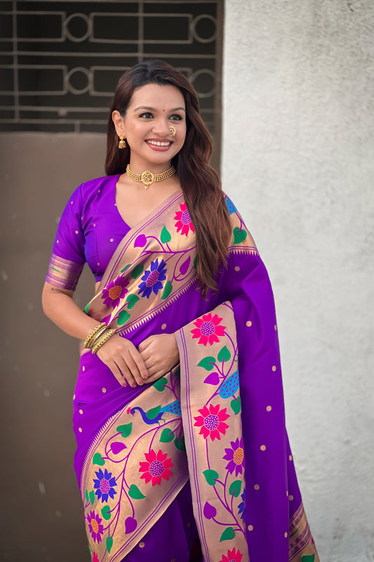 Purple Silk Saree with Multicolor Floral Peacock Motif Woven Border