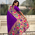 Purple Silk Saree with Multicolor Floral Peacock Motif Woven Border