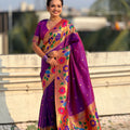 Royal Purple Silk Saree with Rich Multicolor Floral Peacock Motif Woven Border