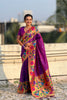Royal Purple Silk Saree with Rich Multicolor Floral Peacock Motif Woven Border