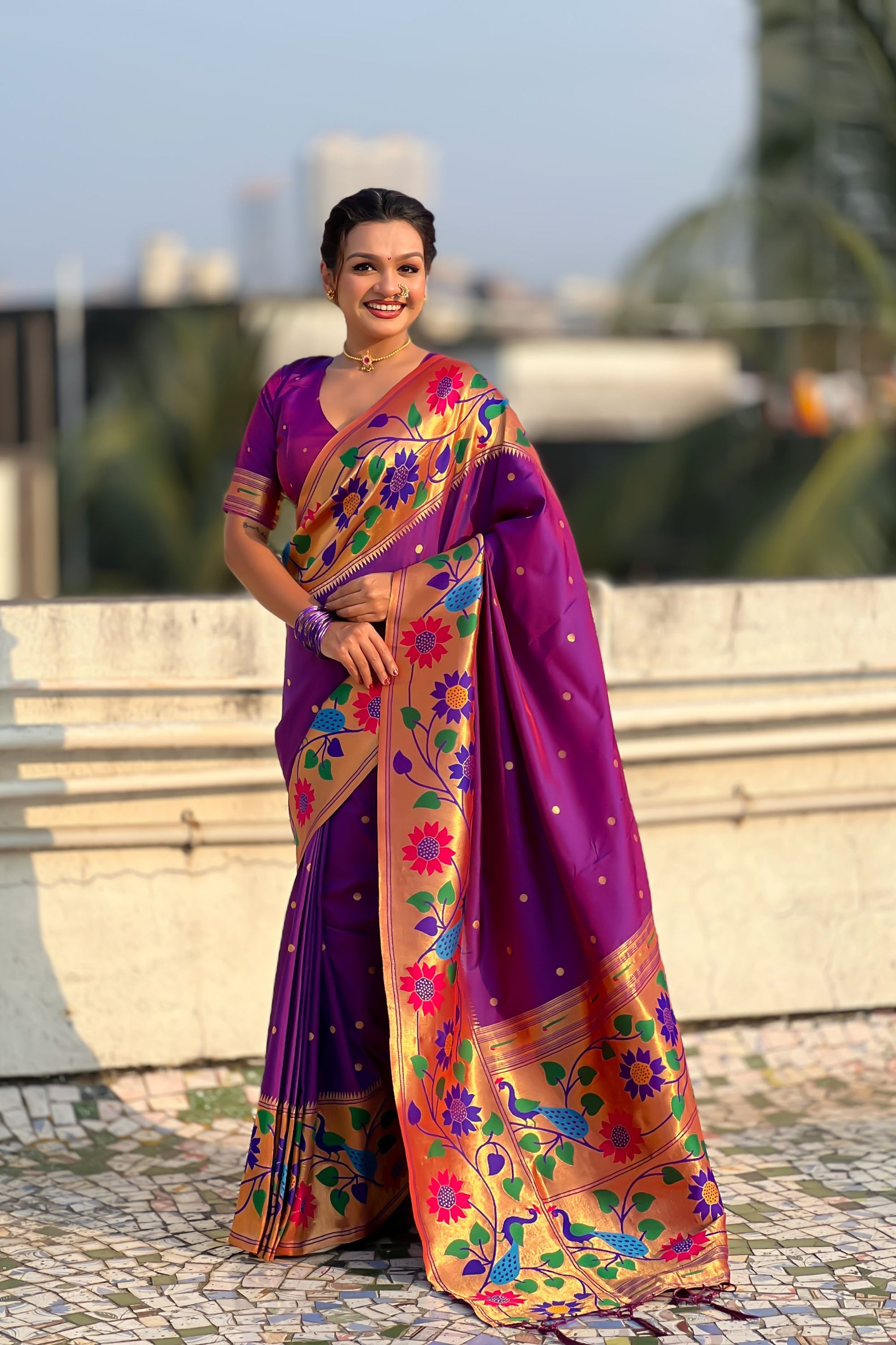 Royal Purple Silk Saree with Rich Multicolor Floral Peacock Motif Woven Border