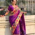 Royal Purple Silk Saree with Rich Multicolor Floral Peacock Motif Woven Border