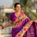 Royal Purple Silk Saree with Rich Multicolor Floral Peacock Motif Woven Border