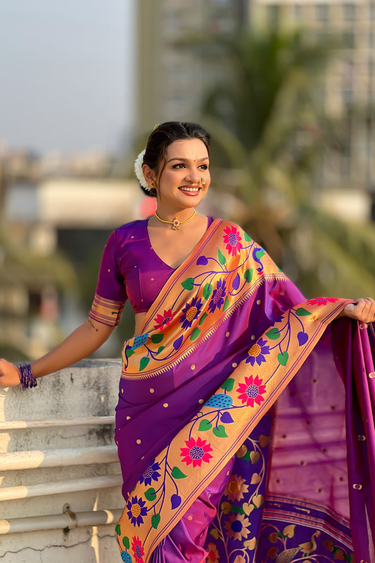 Royal Purple Silk Saree with Rich Multicolor Floral Peacock Motif Woven Border