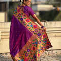 Royal Purple Silk Saree with Rich Multicolor Floral Peacock Motif Woven Border