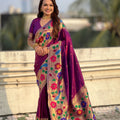 Wine Purple Silk Saree Multicolor Floral Peacock Motif Woven Border