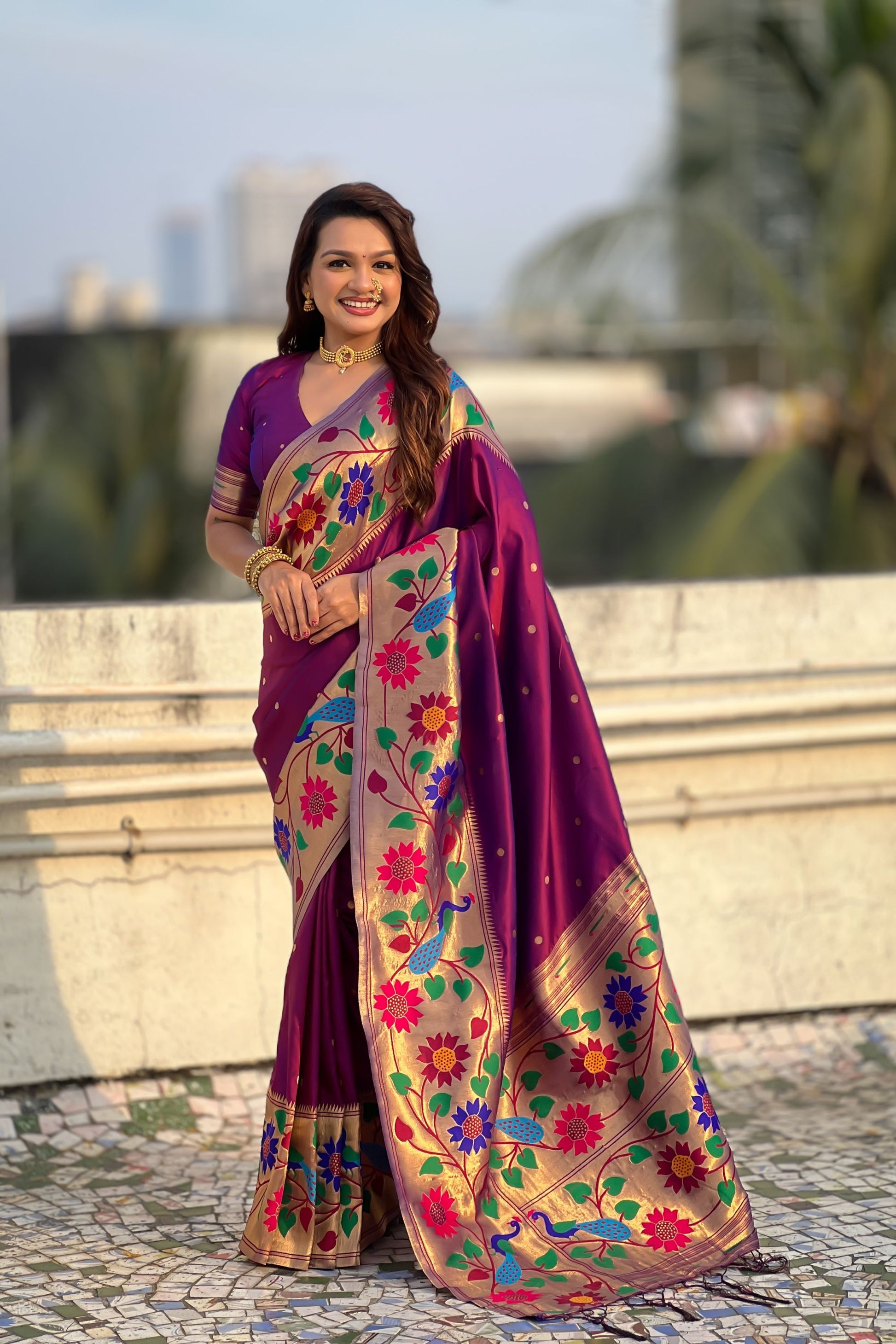 Wine Purple Silk Saree Multicolor Floral Peacock Motif Woven Border