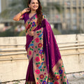 Wine Purple Silk Saree Multicolor Floral Peacock Motif Woven Border