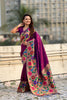 Wine Purple Silk Saree Multicolor Floral Peacock Motif Woven Border