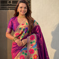 Wine Purple Silk Saree Multicolor Floral Peacock Motif Woven Border