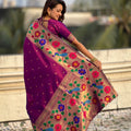Wine Purple Silk Saree Multicolor Floral Peacock Motif Woven Border
