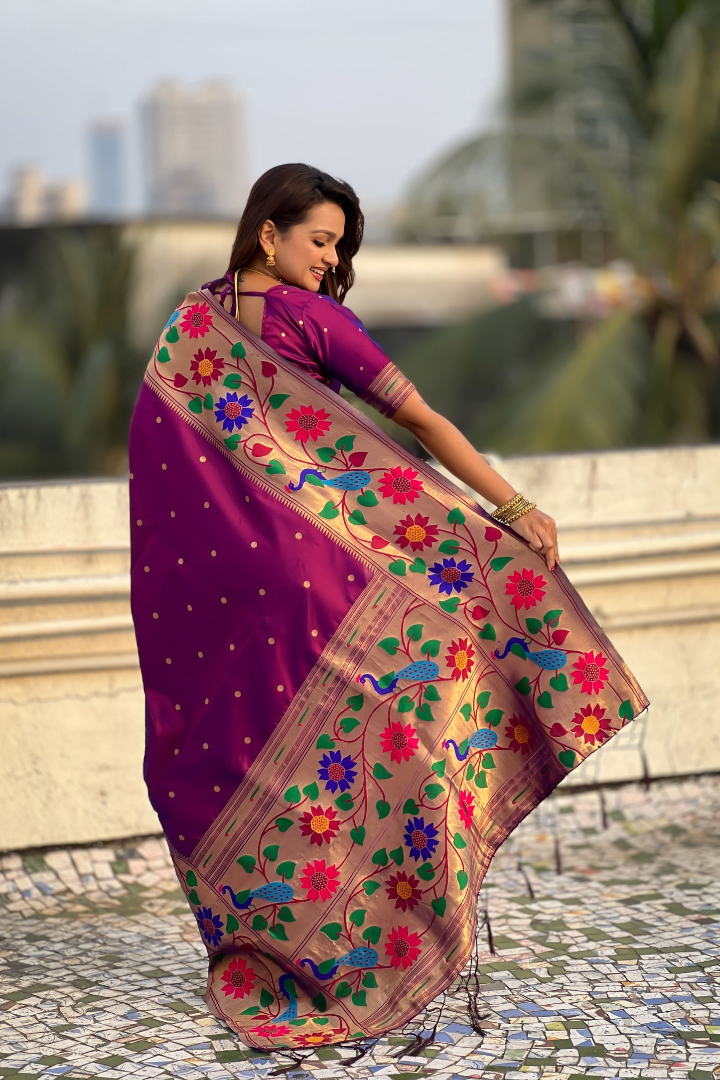 Wine Purple Silk Saree Multicolor Floral Peacock Motif Woven Border