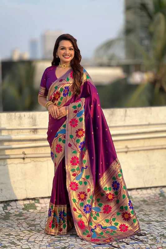 Wine Purple Silk Saree Multicolor Floral Peacock Motif Woven Border