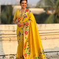 Yellow Silk Saree with Multicolor Floral Peacock Motif Woven Border 