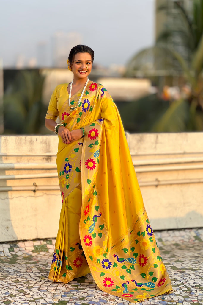 Yellow Silk Saree with Multicolor Floral Peacock Motif Woven Border 