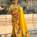 Yellow Silk Saree with Multicolor Floral Peacock Motif Woven Border