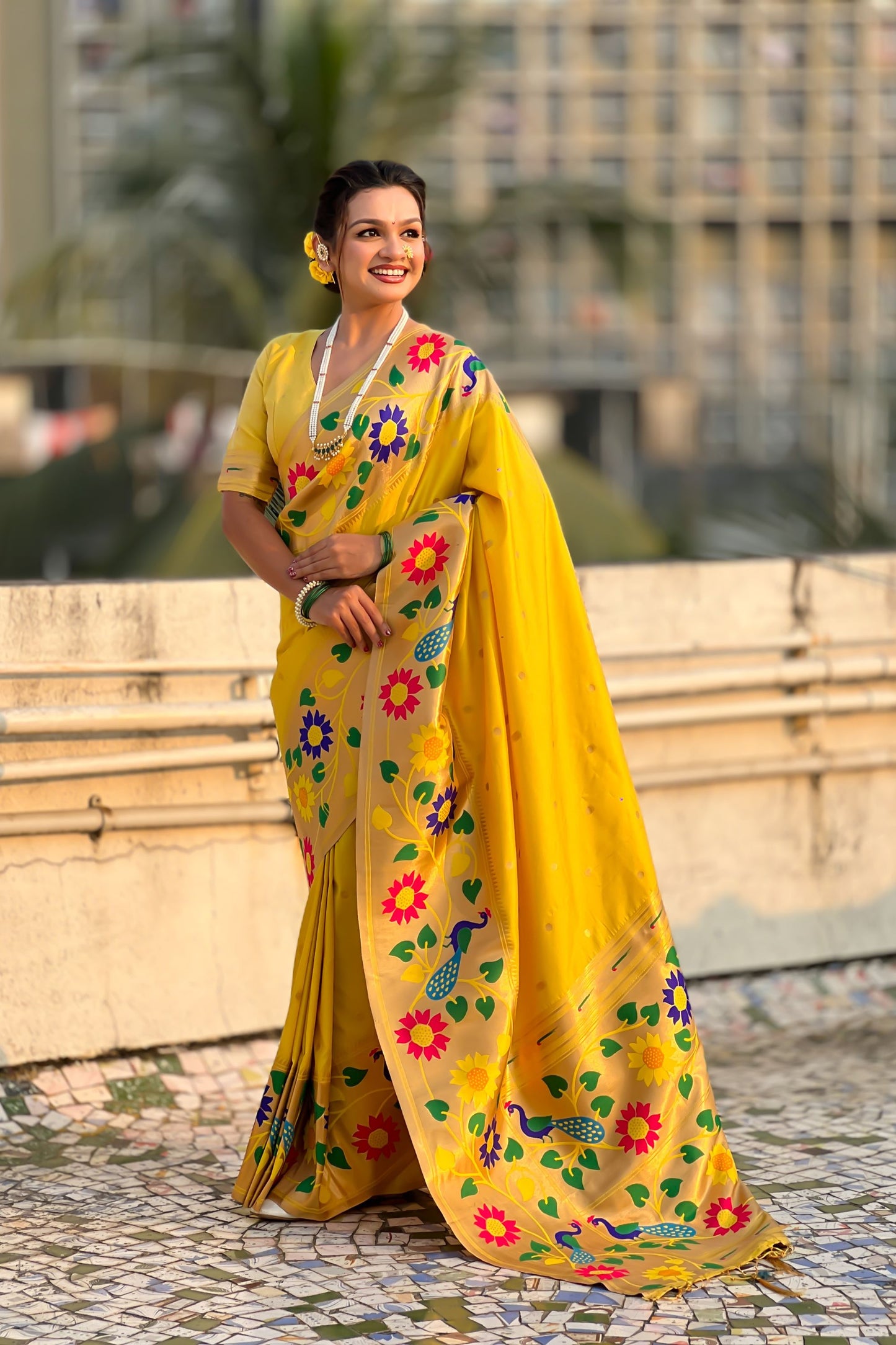Yellow Silk Saree with Multicolor Floral Peacock Motif Woven Border