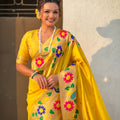Yellow Silk Saree with Multicolor Floral Peacock Motif Woven Border
