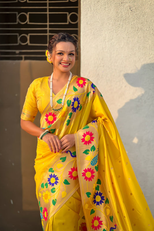 Yellow Silk Saree with Multicolor Floral Peacock Motif Woven Border
