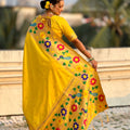 Yellow Silk Saree with Multicolor Floral Peacock Motif Woven Border