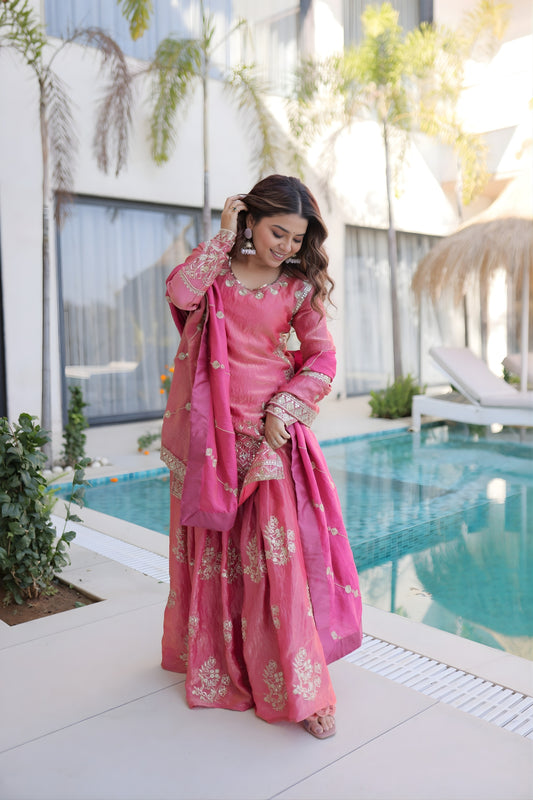 Fabulous Rani Pink Fendy Crush Embroidered Salwar Palazzo Set with Dupatta for Wedding