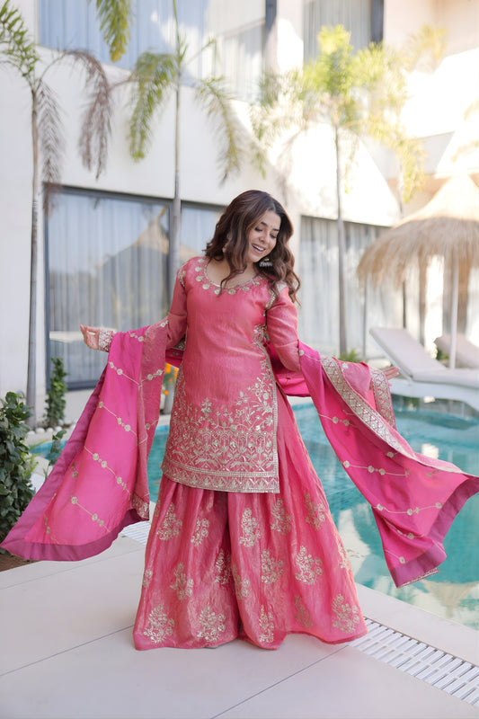Fabulous Rani Pink Fendy Crush Embroidered Salwar Palazzo Set with Dupatta for Wedding