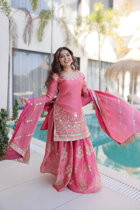 Fabulous Rani Pink Fendy Crush Embroidered Salwar Palazzo Set with Dupatta for Wedding