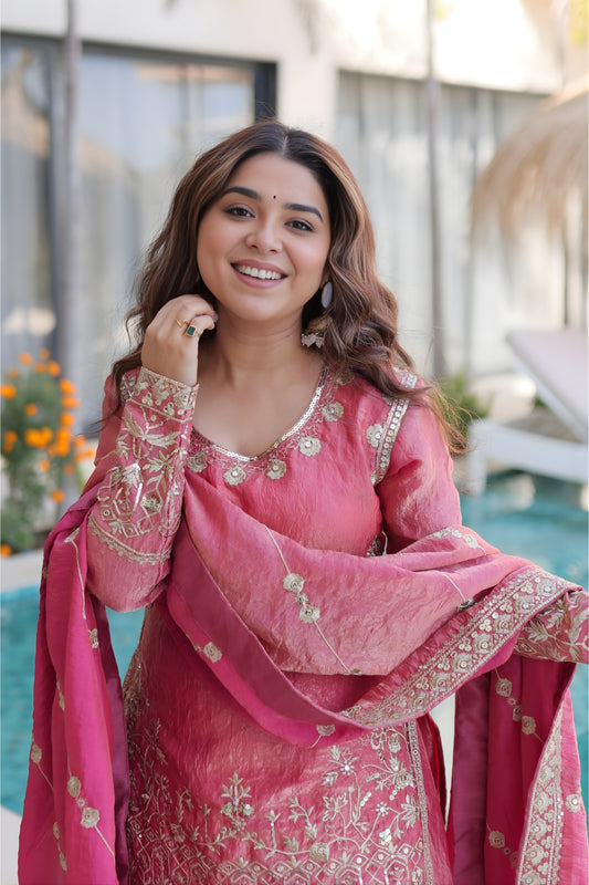 Fabulous Rani Pink Fendy Crush Embroidered Salwar Palazzo Set with Dupatta for Wedding