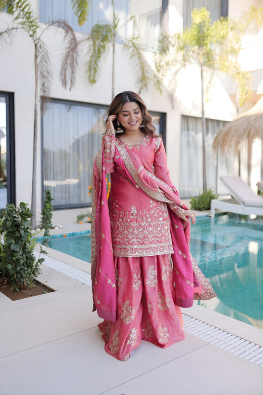 Fabulous Rani Pink Fendy Crush Embroidered Salwar Palazzo Set with Dupatta for Wedding
