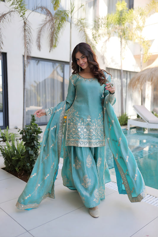 Stylish Sea Green Fendy Crush Embroidered Salwar Palazzo Set with Dupatta for Wedding