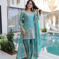 Stylish Sea Green Fendy Crush Embroidered Salwar Palazzo Set with Dupatta for Wedding