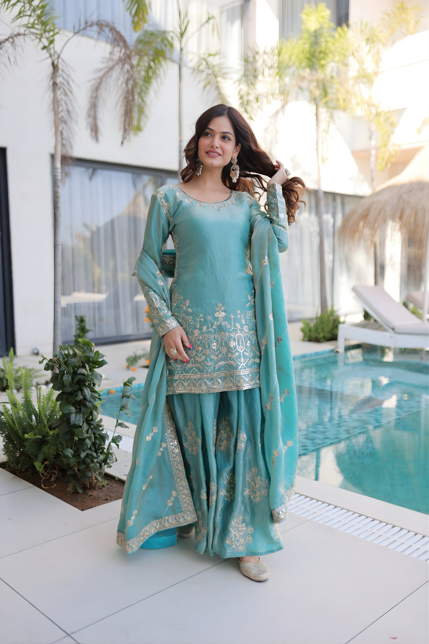 Stylish Sea Green Fendy Crush Embroidered Salwar Palazzo Set with Dupatta for Wedding