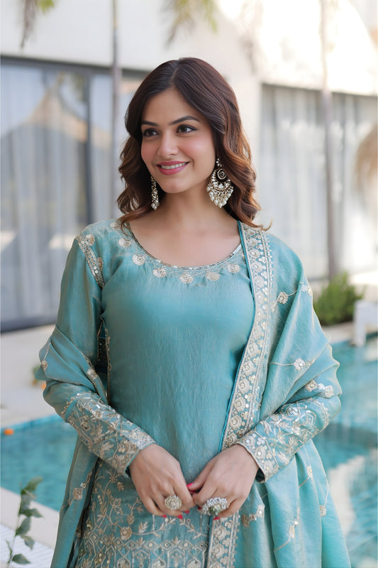 Stylish Sea Green Fendy Crush Embroidered Salwar Palazzo Set with Dupatta for Wedding