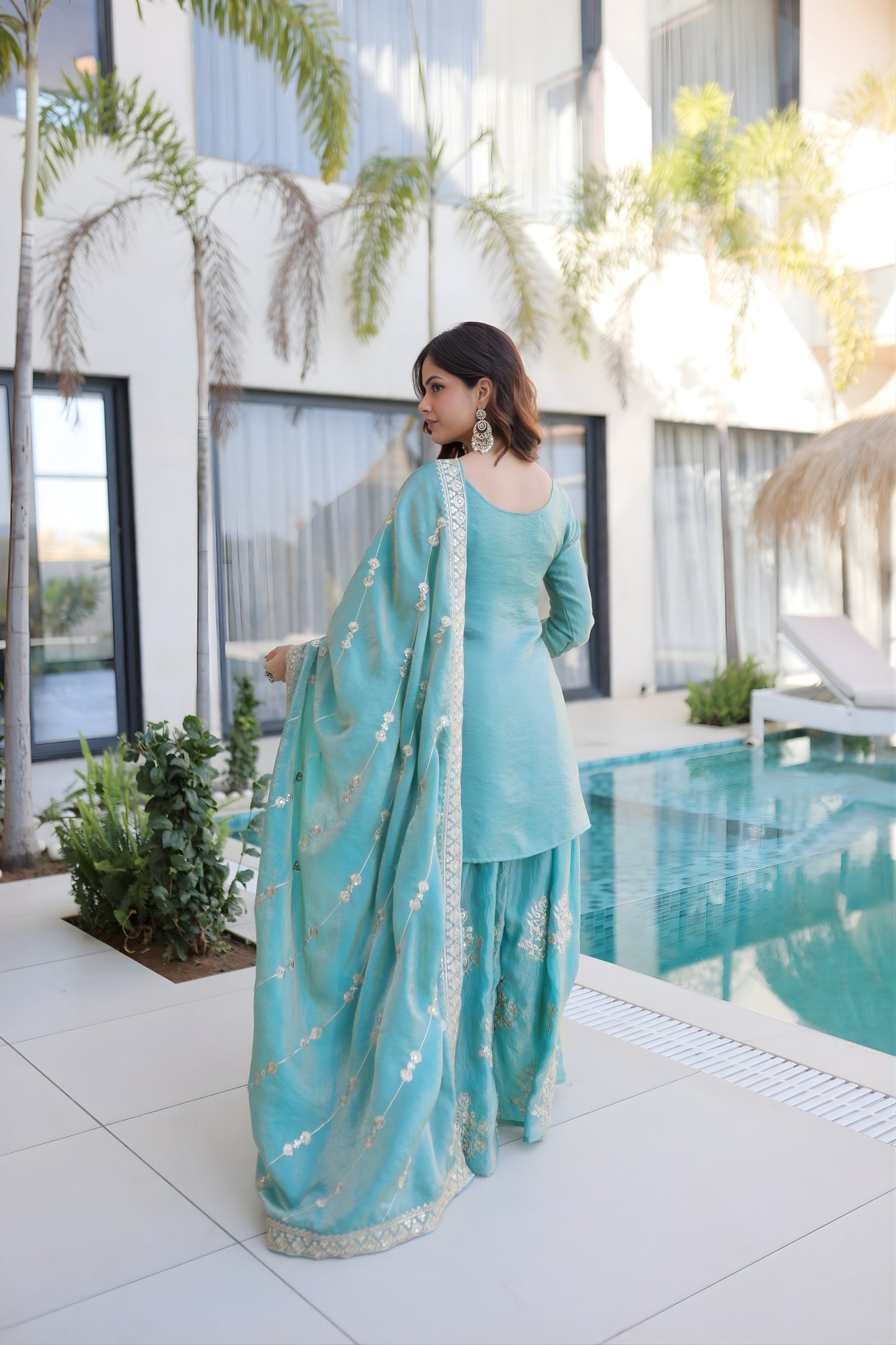 Stylish Sea Green Fendy Crush Embroidered Salwar Palazzo Set with Dupatta for Wedding