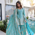 Stylish Sea Green Fendy Crush Embroidered Salwar Palazzo Set with Dupatta for Wedding