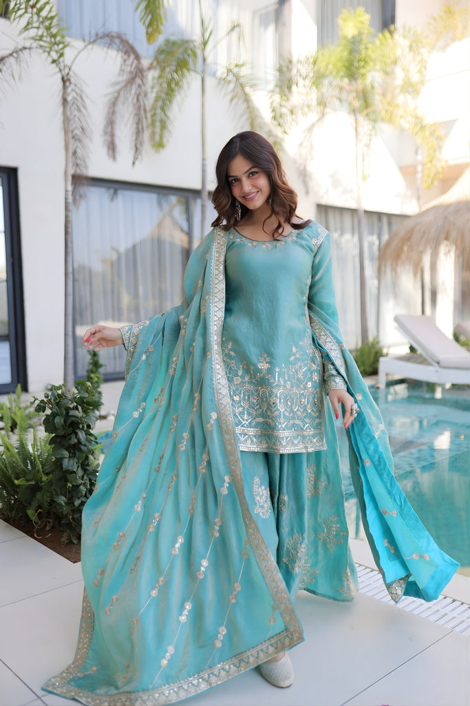 Stylish Sea Green Fendy Crush Embroidered Salwar Palazzo Set with Dupatta for Wedding