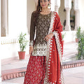 Elegant Brown Vichitra Silk Embroidered Kurta Palazzo Set with Red Dupatta for Wedding