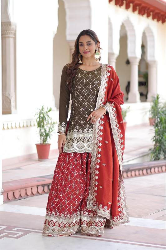 Elegant Brown Vichitra Silk Embroidered Kurta Palazzo Set with Red Dupatta for Wedding