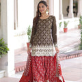 Elegant Brown Vichitra Silk Embroidered Kurta Palazzo Set with Red Dupatta for Wedding