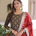 Elegant Brown Vichitra Silk Embroidered Kurta Palazzo Set with Red Dupatta for Wedding