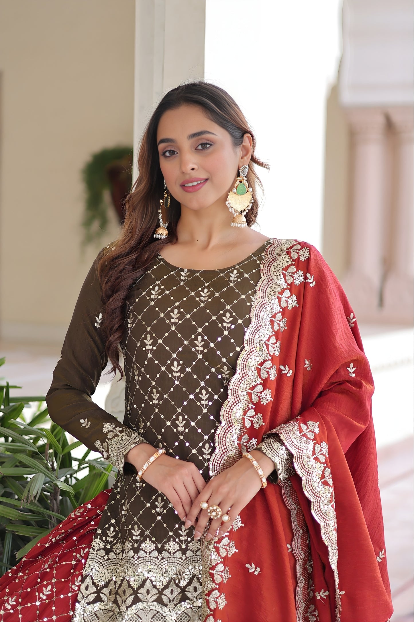 Elegant Brown Vichitra Silk Embroidered Kurta Palazzo Set with Red Dupatta for Wedding