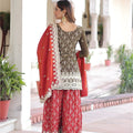 Elegant Brown Vichitra Silk Embroidered Kurta Palazzo Set with Red Dupatta for Wedding