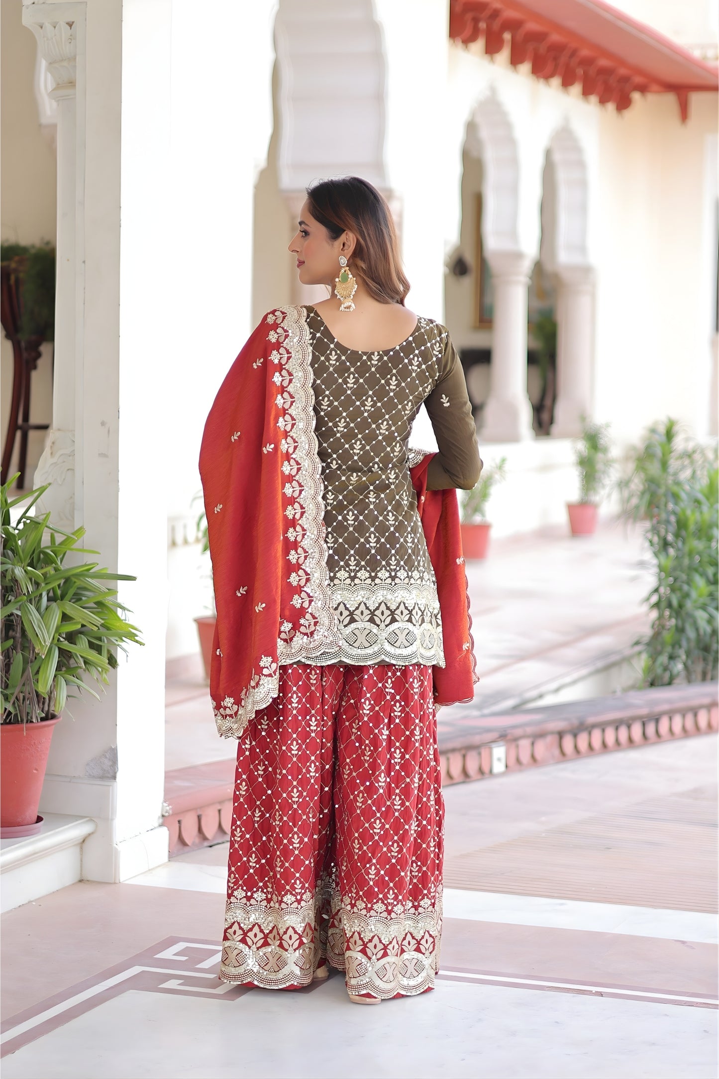 Elegant Brown Vichitra Silk Embroidered Kurta Palazzo Set with Red Dupatta for Wedding