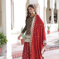 Elegant Brown Vichitra Silk Embroidered Kurta Palazzo Set with Red Dupatta for Wedding