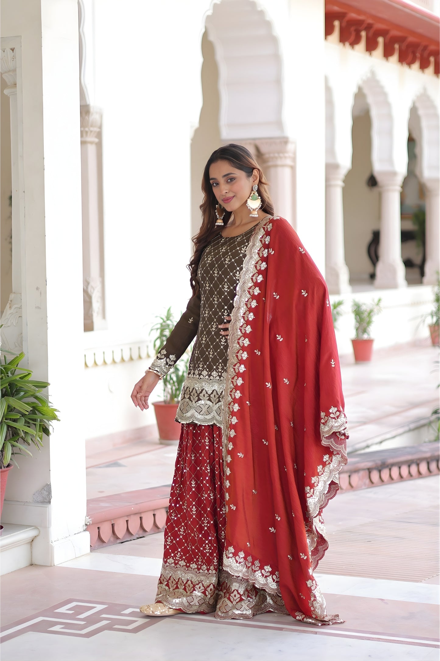 Elegant Brown Vichitra Silk Embroidered Kurta Palazzo Set with Red Dupatta for Wedding