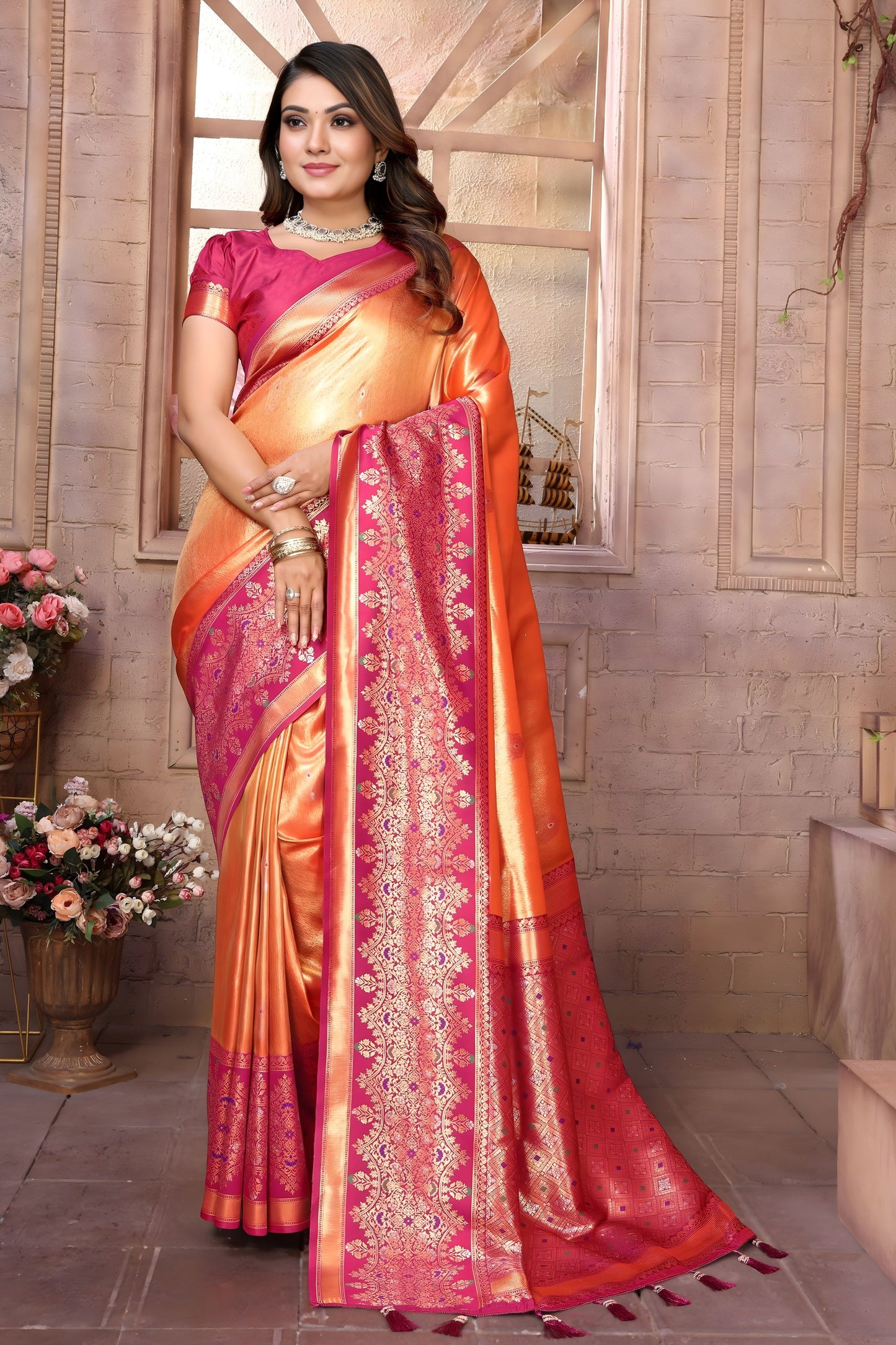 Orange Pink Kanchipuram Silk Saree with Rich Zari Woven Pallu