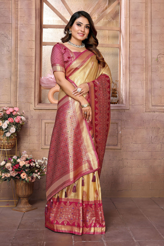 Golden Kanchipuram Silk Saree with Pink Zari Woven Pallu